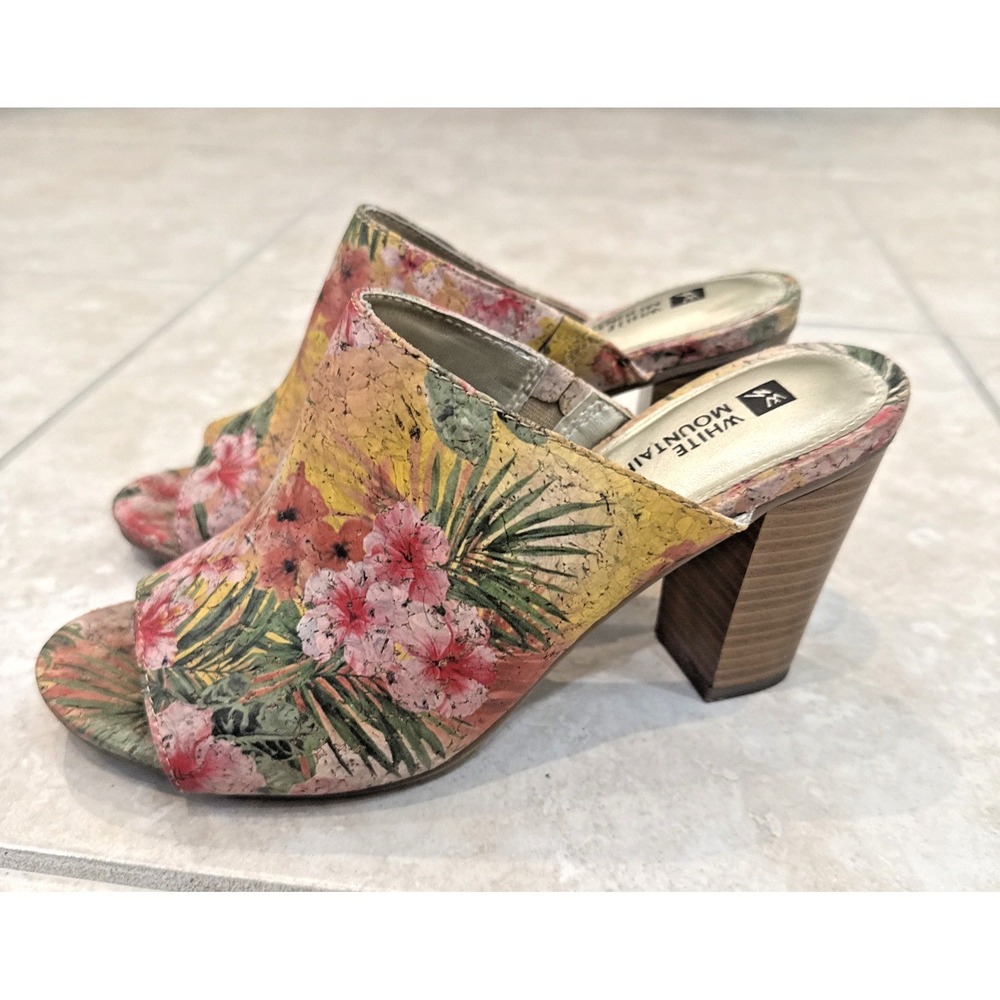 WHITE MOUNTAIN Painted Floralβ Block Heels Sandals Peep Toe 7.5M Boho Hippie